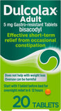 Dulcolax Adult - Constipation Relief Laxative 5mg Bisacodyl Gastro Resistant Tablets Tablets, 20 Count